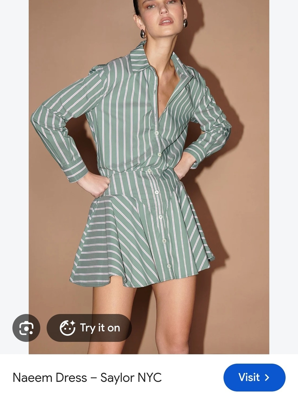 Saylor Naeem Green White Striped Collared Button Front Shirt Dress Long Sleeve S